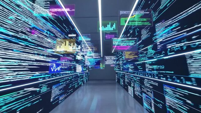 Futuristic data tunnel with glowing charts and digital code visuals, concept of smart logistics, AI inventory management, automated supply chain, and e-commerce fulfillment - Powered by Adobe