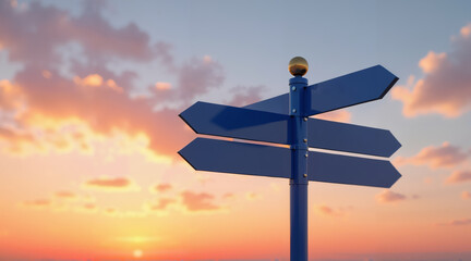 A blue signpost with multiple directional arrows against a vibrant sunset sky. Symbolizing choices and the path forward
