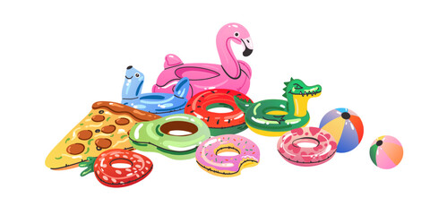 Cartoon inflatable toys. Colorful swimming rings and mattress, rubber water summer pool funny swimming accessories, flamingo, pizza and ball, watermelon and donut, vector flat isolated gradient set
