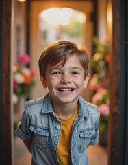 Boy smiling with surprise gift at the front door, capturing joy and excitement