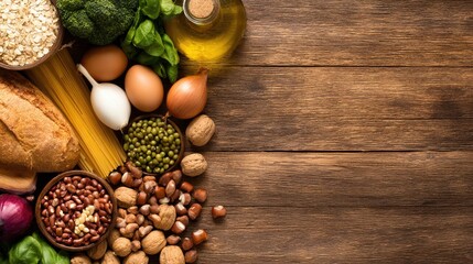 Fresh ingredients arranged on a wooden surface, showcasing healthy cooking options and preparation