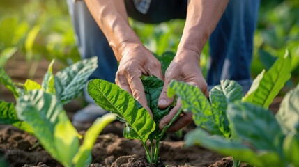 Naklejka premium Close-up of hands tending leafy greens. A farmer delicately examines and potentially trims leaves of vibrant green plants growing in rich soil. Sunlight illuminates the scene