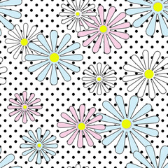 Flowers multicolored daisies on a background with polka dots white gray 