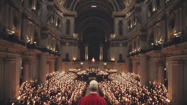 Interior view of cathedral with massive seated crowd and pope-like figure addressing audience, concept of Christianity, church leadership, Catholic tradition, mass service, and religious authority