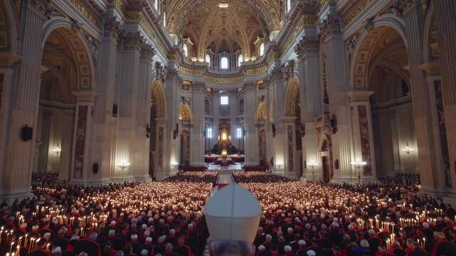 Pope delivering sermon in majestic cathedral during public mass ceremony, surrounded by large seated congregation, symbolizing faith, religious leadership, tradition, and sacred cultural gathering