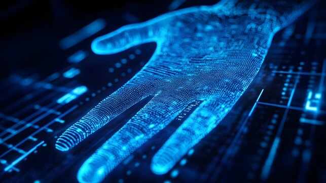 3D render of a blue, textured hand overlaid on a digital circuit board background.
