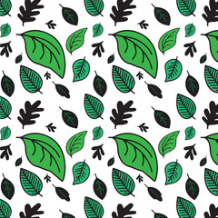 Simple vector seamless pattern of green leaves with a stroke