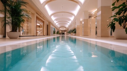 A stunning view of an elegant indoor pool surrounded by modern architecture, emphasizing tranquility and luxury in a high-end lifestyle setting.