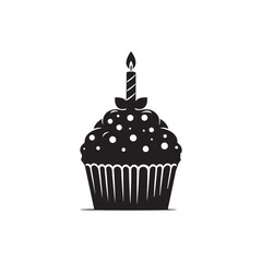 Minimalist Black and White Birthday Cupcake Silhouette with Lit Candle