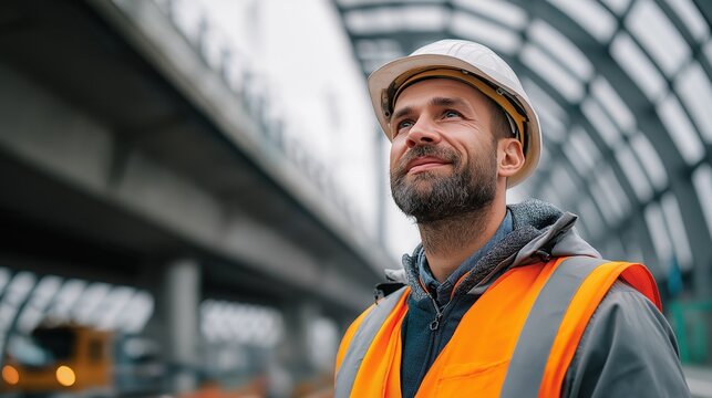 Smiling engineer in helmet and safety vest confidently looking up at sky while standing before modern steel bridge construction site, captured with wide-angle lens in natural daylight - Powered by Adobe