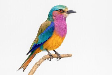 Fototapeta premium Colorful exotic bird with bright purple blue and yellow feathers perched on a branch over white background