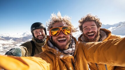 A joyful group of friends, wearing winter gear, posing together on a snowy mountain top, embodying camaraderie and adventure in a stunning alpine landscape during a sunny day.