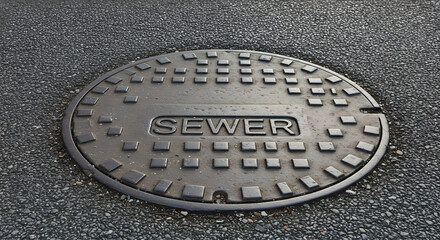 Round metal sewer manhole cover with textured surface on an asphalt road. Drainage system infrastructure for city utility