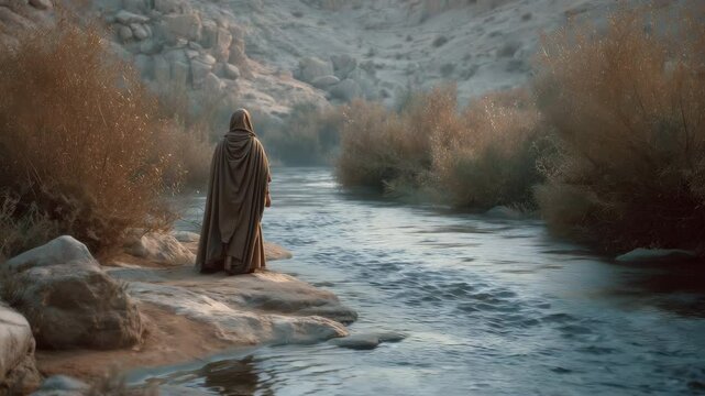 Photorealistic scene depicting a serene moment as Elisha parts the Jordan River with his cloak, evoking a sense of wonder and divine intervention inspired by the bible, 2 kings 2:14. 