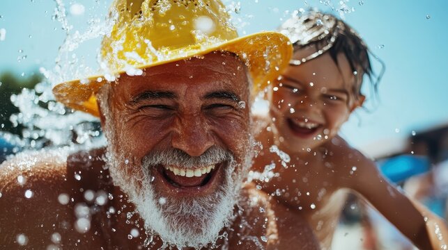 A heartwarming scene of a grandfather and his grandchild enjoying a playful moment together, splashing water and sharing laughter at a sunny beach, filled with joy and love.