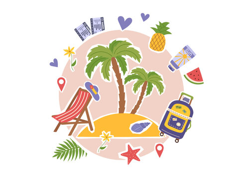 Travel collage clipart with palm trees in the middle and conceptual objects isolated on white. Summer, vacation, travel destination concept. Vector flat illustration.
