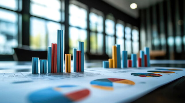 Colorful bar chart, pie chart, data analysis, business report, financial document, office table, sunlight