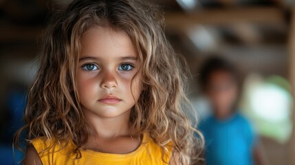 Fototapeta premium A young girl with curly hair and striking blue eyes stares intently at the camera, evoking deep emotions and curiosity in a softly blurred background.