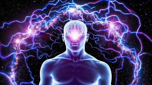 Ethereal figure with glowing brain surrounded by cosmic energy, meditation and spirituality concept