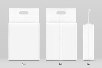 Vacuum bag with handle mockup for cat litter. Front, back and side background. Vector illustration isolated on grey background. Ready for use in presentation, advertising. EPS10.