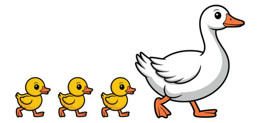 Mother Goose and Three Cute Ducklings Walking