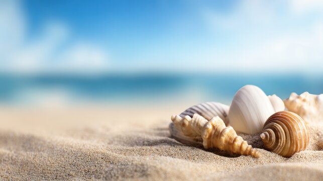 Assorted seashells resting on a sandy beach with a serene ocean backdrop and clear sky