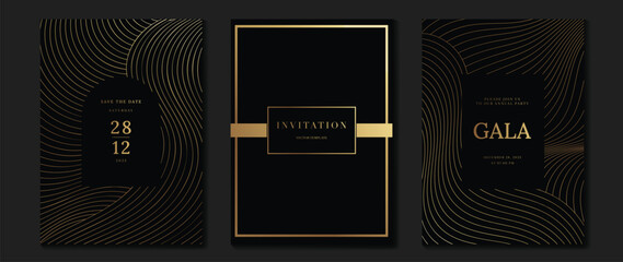 Luxury wedding invitation card background vector. Golden elegant gold wavy lines on dark background. Premium design illustration for wedding and vip cover template, banner, poster.