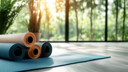 Four colorful yoga mats are neatly arranged in a bright, serene space, inviting practitioners to engage in mindfulness and healthy living amidst a lush natural backdrop.