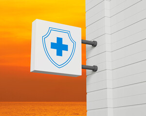 Cross shape with shield icon on hanging white square signboard over sunset sky and sea, Business healthy and medical care insurance online concept, 3D rendering