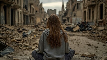 Woman weeping beside a demolished house in poignant display of emotion and cries near that was