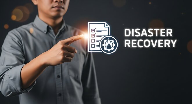 Disaster Recovery Technology with Network Protection concept. Network Security System with Cloud Disaster Backup, IT Disaster Recovery, IT Disaster Protection and System Recovery Concept .