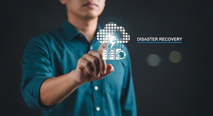Disaster Recovery Technology with Network Protection concept. Network Security System with Cloud Disaster Backup, IT Disaster Recovery, IT Disaster Protection and System Recovery Concept .