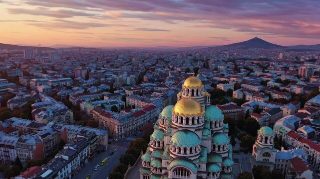 View of Alexander Nevsky Cathedral in Sofia, Bulgaria at sunset, showcasing Eastern Orthodox architecture, religious tourism, cultural heritage, and Balkan travel destination