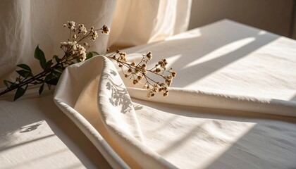 Serenity of a Sunlit Room With Delicate Flowers and Soft Fabric Draping Gracefully on a Table