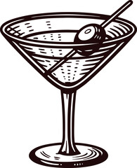 Hand drawn martini glass with olive and cocktail stick vintage engraved monochrome illustration