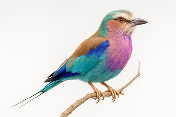 Fototapeta premium Exotic bird with purple turquoise and brown plumage perched on a small twig isolated on white background