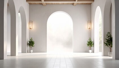 Bright, Airy Interior of a Modern Hall With Arched Windows and Lush Greenery in Planters During Daylight Hours
