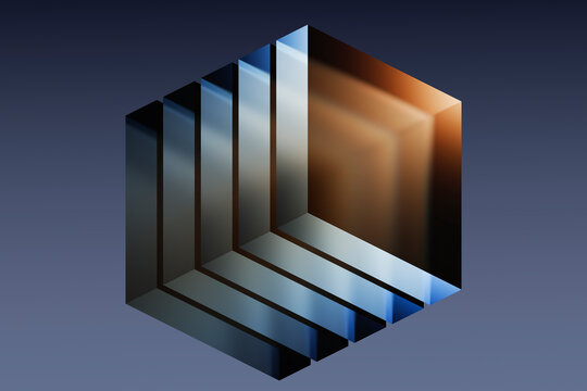 3D rendering of a geometric glass shape with gradient and refraction effects