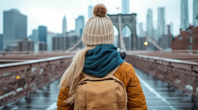 A woman in cozy attire enjoys a stroll across the picturesque Brooklyn Bridge, with an urban backdrop showcasing the iconic skyline during a tranquil winter day.