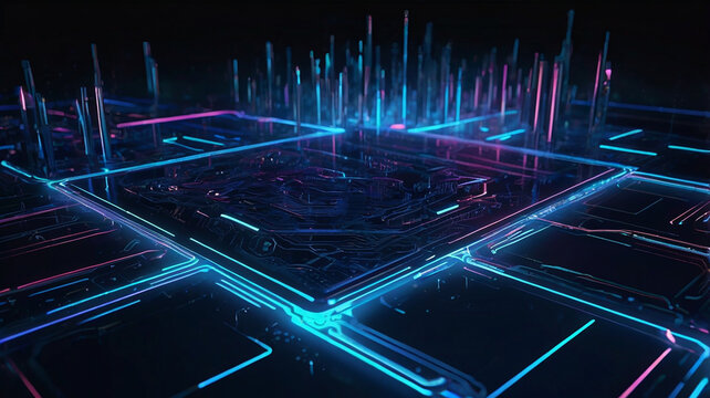 Futuristic Neon Circuit Technology Background with Particle Glow - Powered by Adobe