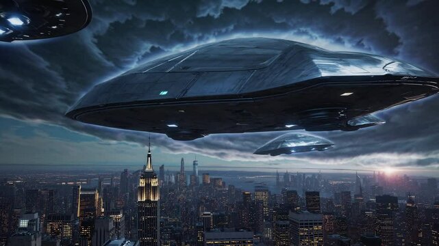 Massive alien spaceship hovering over modern city skyline during storm, science fiction invasion concept for movie poster, alien attack, futuristic scene, and digital art use