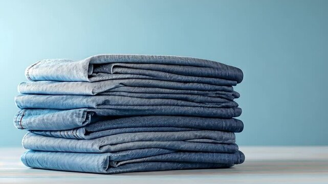 Stacked folded denim clothes on light surface with blue background for laundry textile or clothing concept