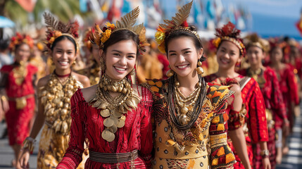 Naklejka premium Smiling Women Wearing Gold Accessories and Colorful T'nalak Festival Dresses Marching Proudly in Indigenous Cultural Parade