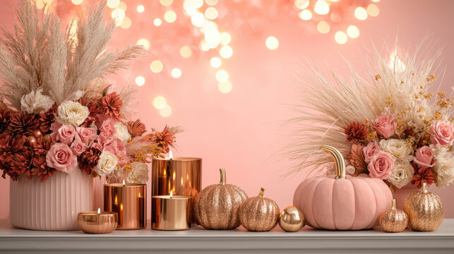 Elegant pink fall decor with pampas grass, roses, candles, and glitter pumpkins create festive, cozy autumn atmosphere