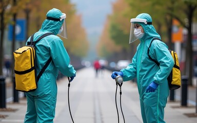 Guardians of Health - Disinfectant Workers in Full Gear, Safeguarding Public Spaces with Outdoor Viral and Bacterial Disinfection. High quality
