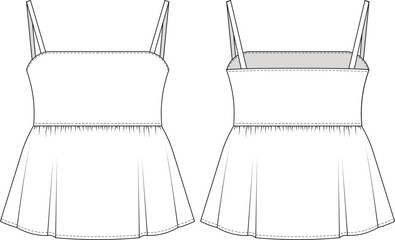 sleeveless strappy strapped shoulder straps square neck fit gathered flared peplum hem backless blouse top template technical drawing flat sketch cad mockup fashion woman design style model 
