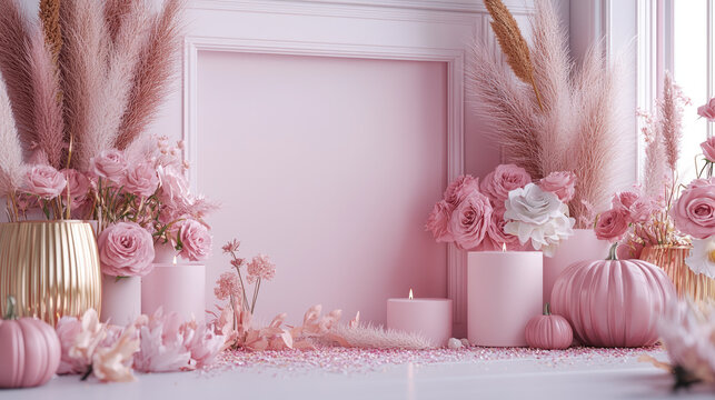 Elegant pink fall decor with roses, candles, pampas grass, and pumpkins creates soft romantic autumn atmosphere
