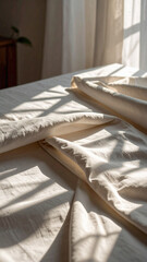Sunlight Casting Delicate Shadows on Neatly Arranged Beige Linens in a Cozy Indoor Space During a Quiet Morning