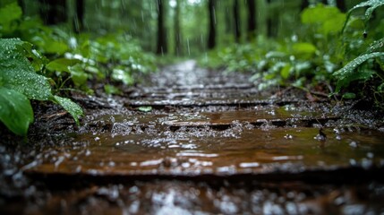 Fototapeta premium A tranquil forest path glistens with rainwater, surrounded by rich greenery and vibrant plants, invoking a sense of calm and connection to nature amidst the gentle downpour.