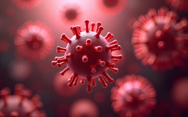 Red viral cells in motion under microscope. Scientific research, medical concept. Close-up. High quality